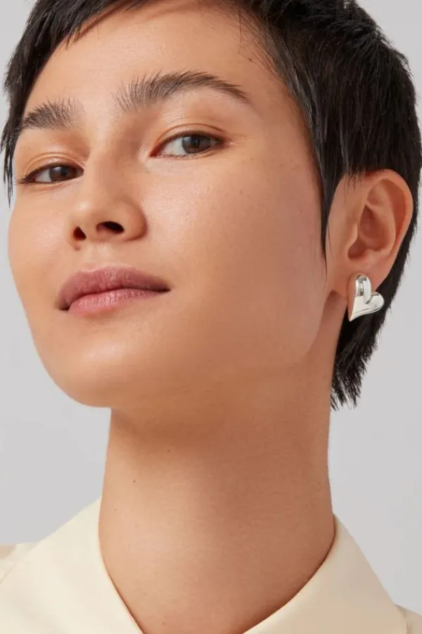 Jewelry>Jenny Bird Art Heart Button Earrings | Silver
