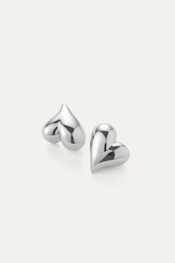 Jewelry>Jenny Bird Art Heart Button Earrings | Silver