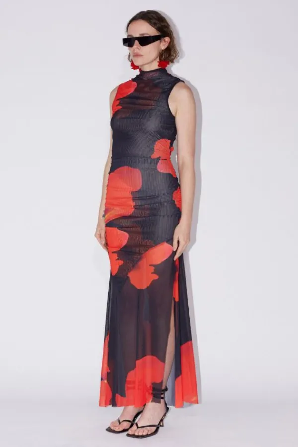 Dresses>SAEMDI Floral Printed Mesh Dress | Black