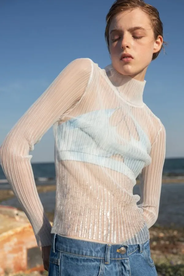 Tops>ESTHÉ High Neck Mesh Pleated Top | Off White