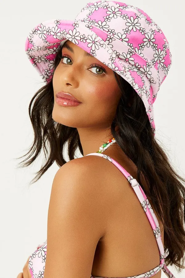 Accessories>Frankies Jax Terry Bucket Hat Pink Daisy Print