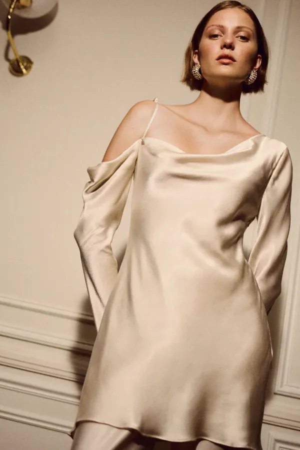 Ready-to-wear Whites|Dresses>Shona Joy La Lune Asymmetrical Long Sleeve Mini Dress | Cream