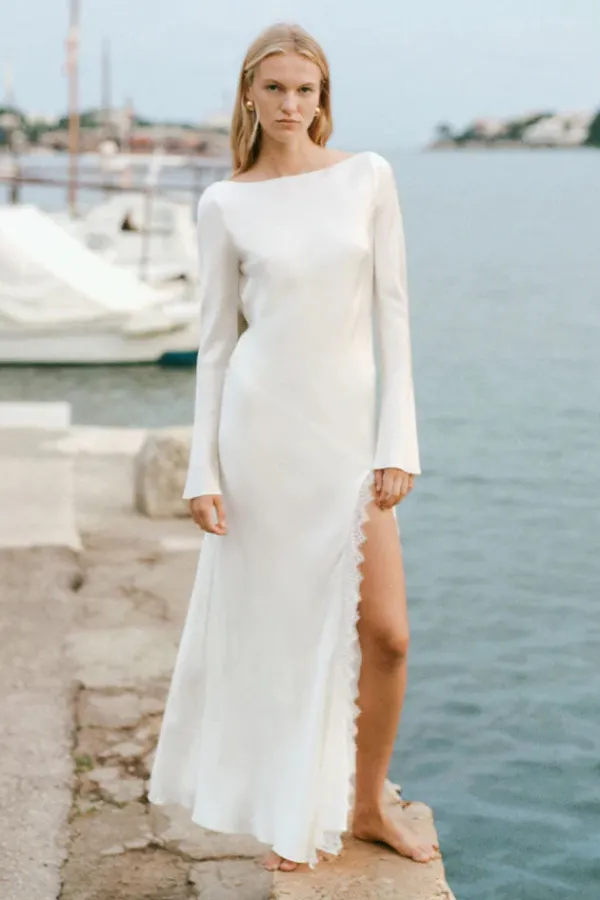 Ready-to-wear Whites|Dresses>Shona Joy La Lune Cumulus Silk Backless Lace Spilt Maxi Dress | Ivory