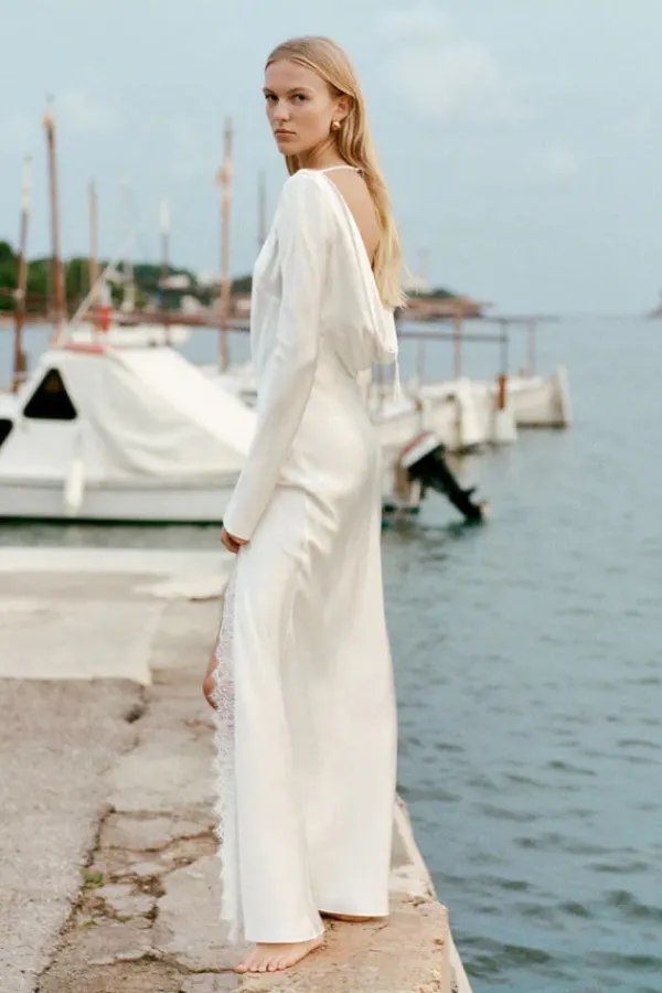 Ready-to-wear Whites|Dresses>Shona Joy La Lune Cumulus Silk Backless Lace Spilt Maxi Dress | Ivory
