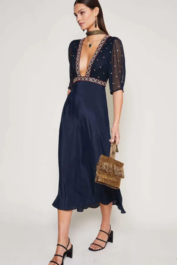 Dresses>Rixo Orchid Silk V-Neck Dress | Clover Embellishment Navy