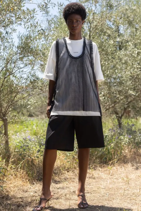 Tops>ESTHÉ Oversized Pleated Vest With Bows | Black