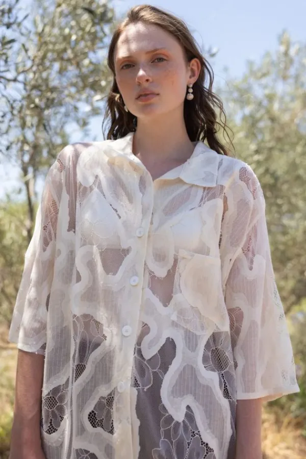 Ready-to-wear Whites|Tops>ESTHÉ Oversized Sheer Lace Shirt | Off White