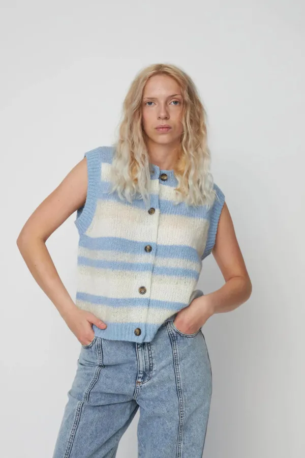 Tops>Stella Nova Striped Mohair Cardigan Vest | Creme Blue