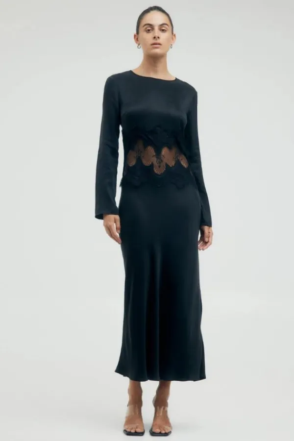 Dresses>Third Form Visions Lace Trim LS Maxi Dress | Ebony